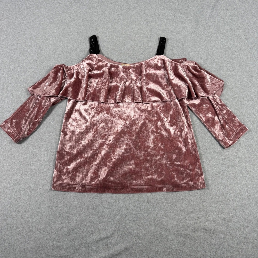 Democracy Fairycore Pink Crushed Velvet Cold Shoulder Ruffle Sequin Top Medium